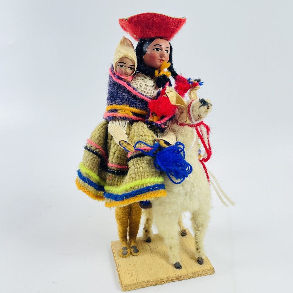 VTG Handmade Peruvian Woman Folk Art Doll w/Baby & Llama 6.5 in Souvenir